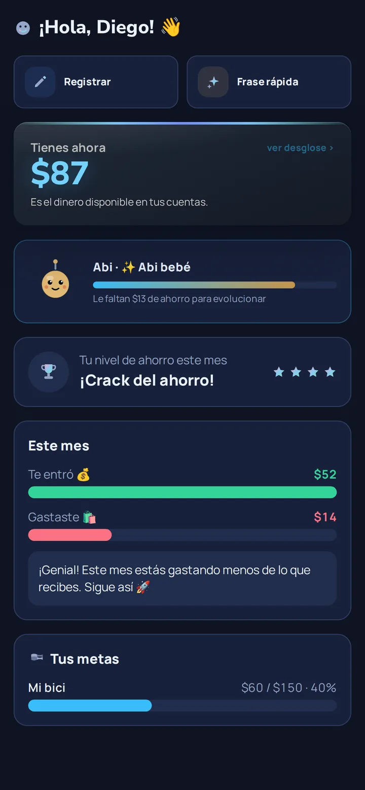 Modo Teen: el espacio de un hijo con su mascota, su nivel de ahorro del mes y su meta de bici al 40 %